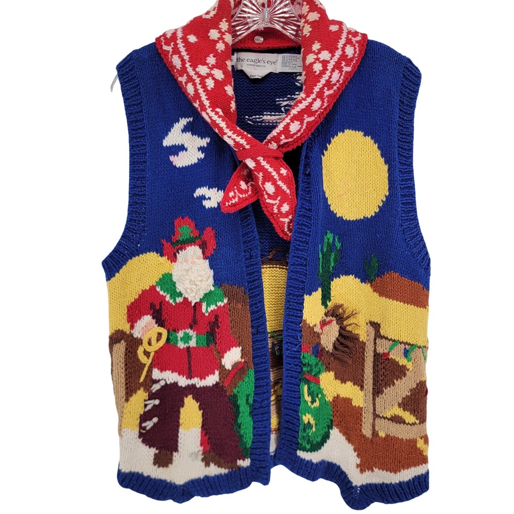 Vintage Eagles Eye 1994 Western Cowboy Santa Christmas Sweater Vest Medium